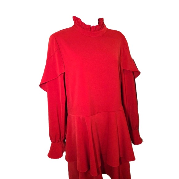 JOVANNA London Red Ruffle Mini Dress Long Sleeve HIgh Neck Women's Size 6 - Picture 3 of 10